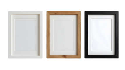 Empty white, wood, and black picture frames in a row isolated on white background