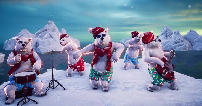 Christmas Party: Funny polar bears dance and play on an ice floe among icebergs at the North Pole. Animated 3D video for holiday events, greeting cards, and winter-themed content.	