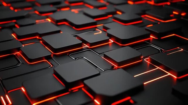 A network of dark, square modules, illuminated by glowing, bright red lines.