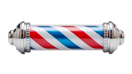 Classic barber pole with red, white, and blue spiral design on black background