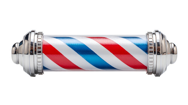 Classic barber pole with red, white, and blue spiral design on black background