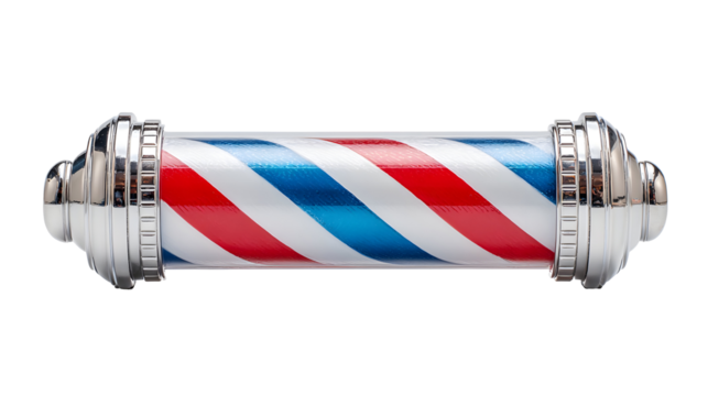 Classic barber pole with red, white, and blue spiral design on black background
