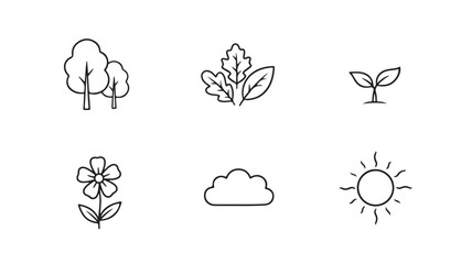 Obraz premium A set of black vector icons with a floral nature design, featuring elements like flowers, leaves, the sun, and clouds, perfect for an illustration or tattoo pattern