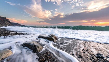 Ocean waves crash on a rocky beach at sunset, creating a dynamic and scenic coastal view