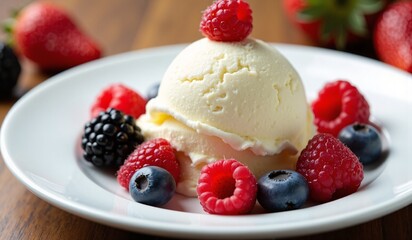 A scoop of vanilla ice cream sits atop a plate surrounded by fresh raspberries, blueberries, and blackberries. Bright, delicious dessert scene ideal for food blogs, menus, and product showcases.