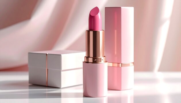 Pink lipstick tube, its packaging, and a decorative box rest on a glossy surface against draped pastel fabric
