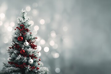 Decorated christmas tree with red and silver ornaments and berries on left side against grey background with bokeh lights, concept of festive holiday celebration