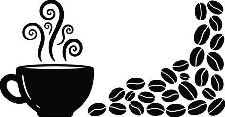 Aromatic Coffee Cup with Coffee Beans in Black and White Illustration