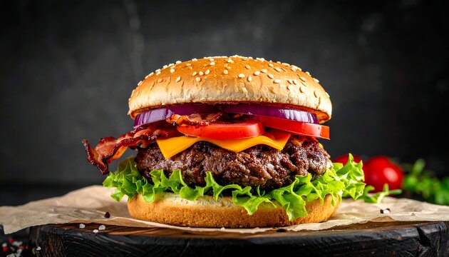 Mouthwatering burger on parchment paper with meat, veggies, cheese, bacon on a wooden board before a dark background