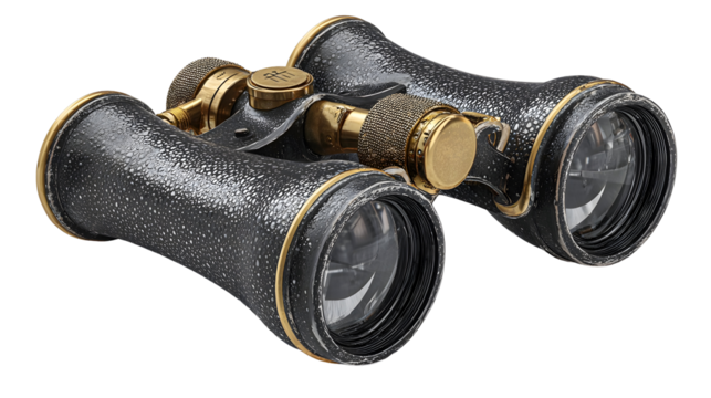 Vintage black and gold binoculars with textured surface and brass accents