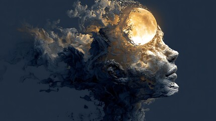 conceptual surreal head dissolving into sunlight and moonlight fragments, metaphor of self-awareness and inner harmony, fine art composition, v7 