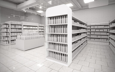 Blanc white 3D supermarket gondola end cap mock-up background render © Neo3Design