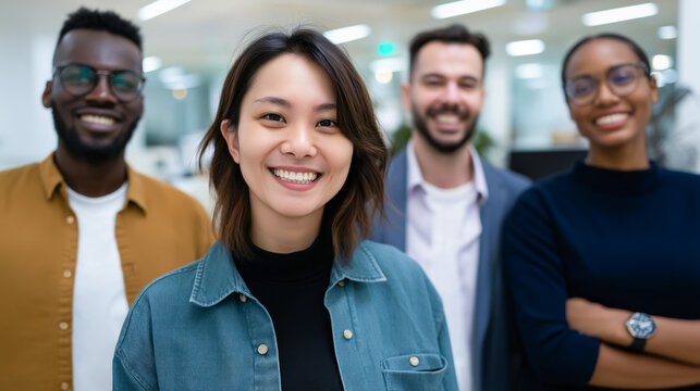 Group of diverse colleagues standing together in a modern office, confidently smiling at the camera. Concept of equality, teamwork, and global unity.