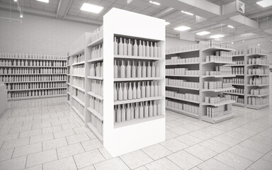 Blanc white 3D supermarket gondola end cap mock-up background render © Neo3Design