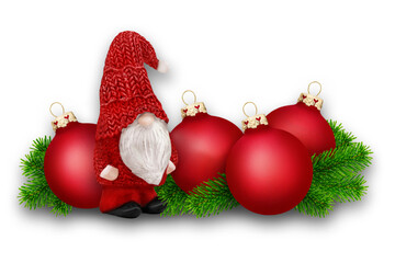 Red Christmas decorations gnome and balls with shadow isolated on transparent background PNG cut out