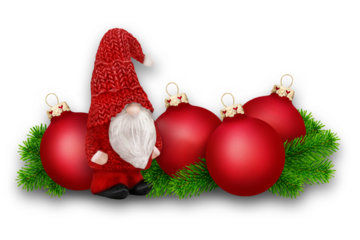 Red Christmas decorations gnome and balls with shadow isolated on transparent background PNG cut out