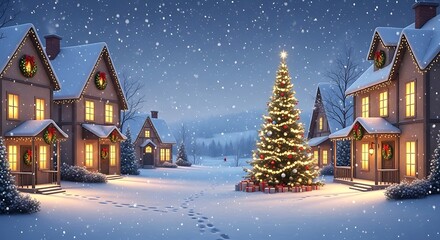Fototapeta premium Winter Wonderland Scene Christmas Village Decorated Homes and Snowy Landscape