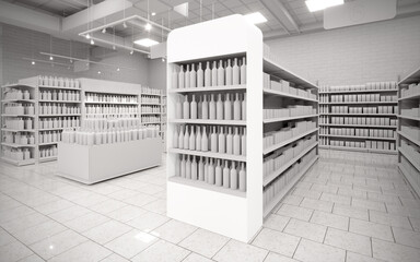 Blanc white 3D supermarket gondola end cap mock-up background render © Neo3Design