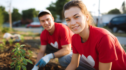 Happy volunteers in heart-logo T-shirts planting trees together. Concept of teamwork, ecology and community support.