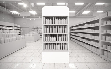 Blanc white 3D supermarket gondola end cap mock-up background render © Neo3Design