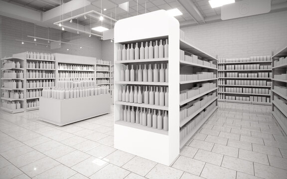 Blanc white 3D supermarket gondola end cap mock-up background render