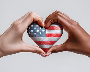 Hands forming a heart shape with an american flag pattern