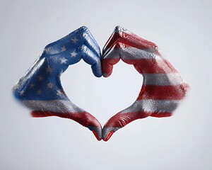Hands forming a heart shape painted with the american flag colors