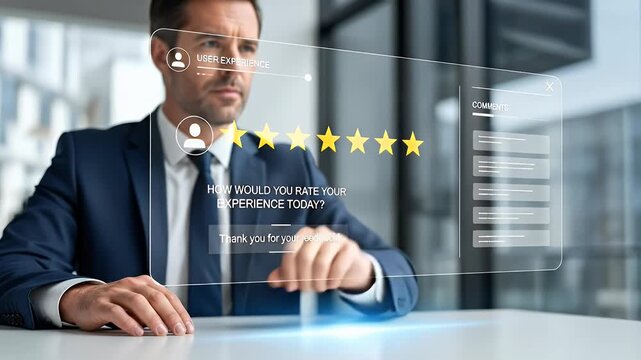 Digital augmented reality overlay showing 5-star customer feedback.