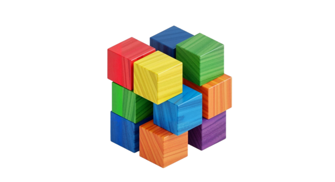 Colorful wooden building blocks stacked in a creative arrangement  on transparent background