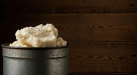 A close-up of solid, rendered animal fat (tallow or lard) resting in an old, dented metal container against a rustic wooden barn wall backdrop ,substance ,rural ,dense