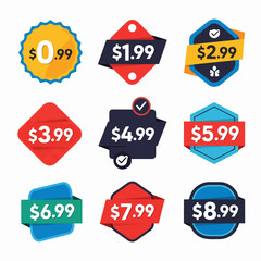 Set of colorful sale labels and discount tags featuring red business price stickers and retail promotion icons in a vector illustration design for a new web shop