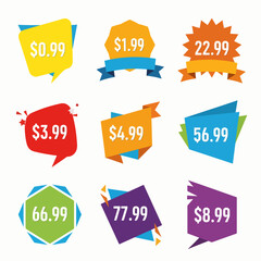 Set of colorful sale labels and stickers featuring vector discount tags and business promotion badges for retail web design