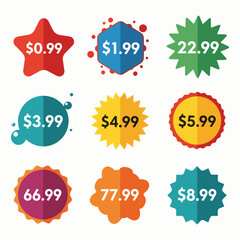 Set of colorful sale and discount labels featuring vector icons and price tag stickers for business promotion and web shop design