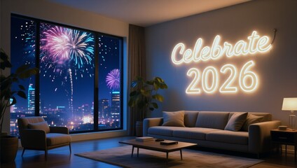 The room is lit up with neon lights that say "Celebrate 2026" on the wall.