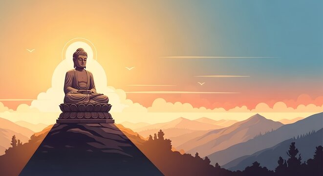 Serene buddha statue meditating on a mountain top during a peaceful sunrise