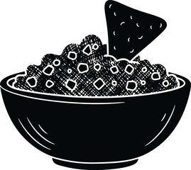 Black and white illustration of bowl of salsa with tortilla chip