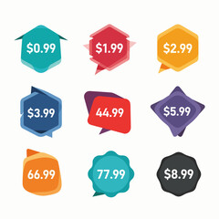Set of colorful sale stickers and business labels featuring vector icons, discount tags, and retail promotion badges for web design elements
