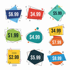 Set of colorful sale tags and labels featuring business discount icons, retail price stickers, and promotion banner symbols in a vector illustration design for shopping