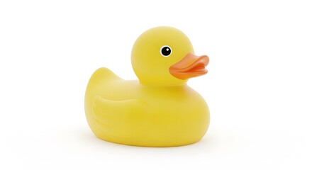 Classic yellow rubber duck toy standing on white surface with orange beak and black eyes
