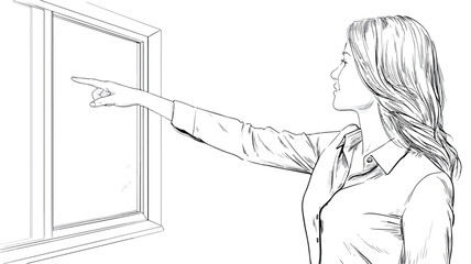 Professional Woman Pointing Finger and Reaching in Open Window Vector Illustration
