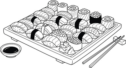 Black and white illustration of various types of sushi arrangement