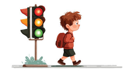 Young Boy Safely Crossing Road at Green Light Vector Illustration