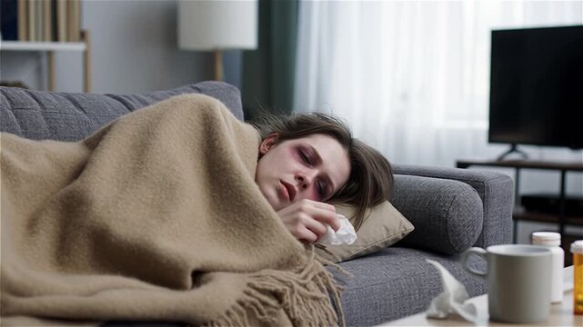 Femme malade allong&eacute;e sur un canap&eacute;