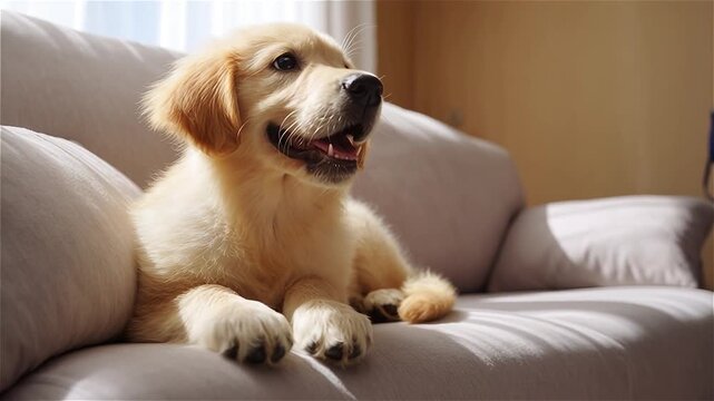 Adorable chiot allong&eacute; sur un canap&eacute;