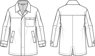 Men’s jacket technical flat sketch, front and back view fashion design, apparel illustration, garment construction drawing, clothing template vector art © Rifat Creatives