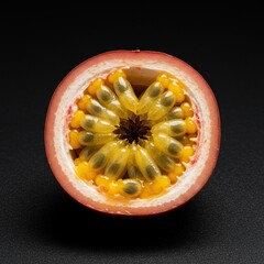 A close-up shot of a halved passionfruit revealing its glistening, golden pulp and numerous edible seeds, bursting with tropical flavor ,tart ,delicious ,seeds