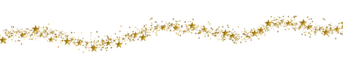 A wave of golden star dust and various sized stars flows on a transparent background, creating a magical and festive feel. Suitable for holiday or celebratory designs.