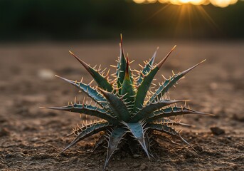 A close-up shot of a resilient plant with sharp, protective spines, thriving in a dry, sun-drenched environment, showcasing natural adaptation ,thorny ,desert ,sun