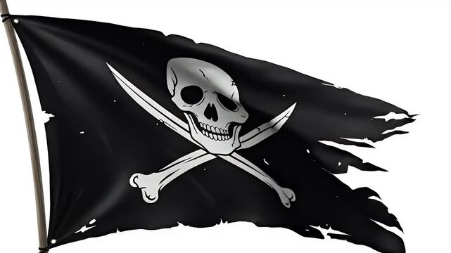 Waving Jolly Roger Pirate Flag Isolated on White Background Illustration