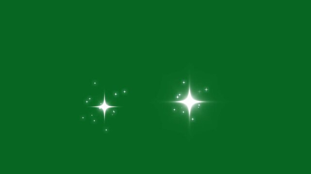 Twinkle stars animation. white cartoon blinking stars, flat vector doodle sparkle, glowing light trails, 2D shining twinkle effect on green screen background 4K